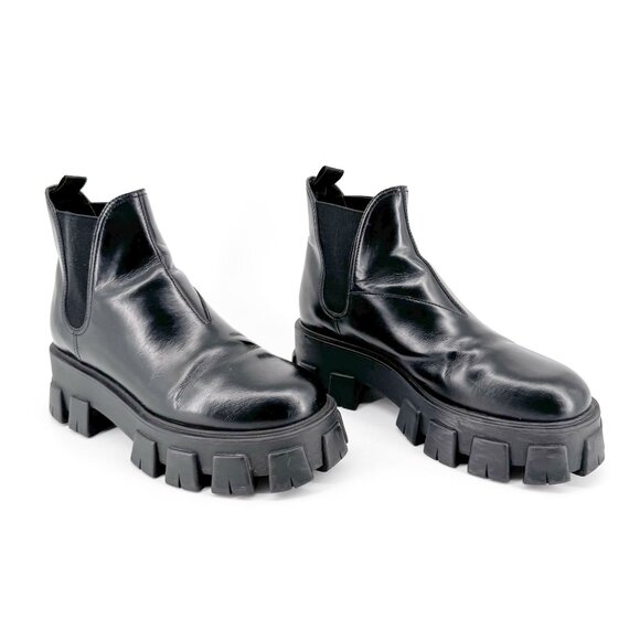 Prada Monolith Chelsea Ankle Boots Size 41 US 11 Black Leather Lug Sole Combat - Picture 1 of 15